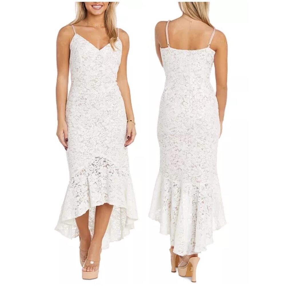 NIGHTWAY Mermaid High-Low Flounce Hem Lace Wedding Dress Ivory Sequin Sz 10 NWT